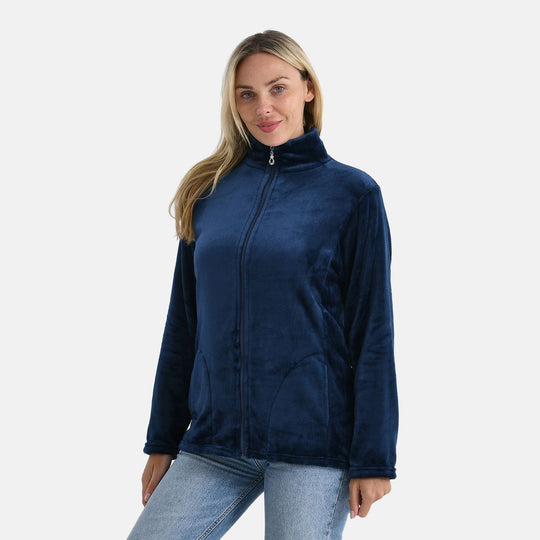LA MAREY - Velvet Kuschel Jacke mit Reißverschluss und Taschen, Marineblau, L / XL