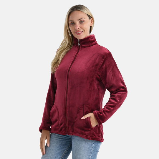 LA MAREY - Velvet Kuschel Jacke mit Reißverschluss und Taschen, Burgunderrot, L / XL