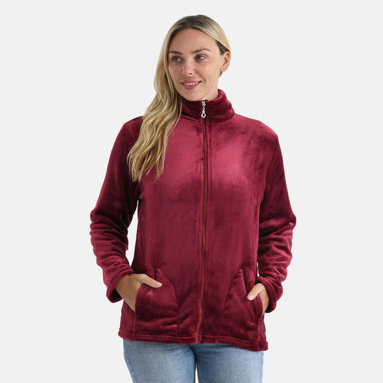 LA MAREY - Velvet Kuschel Jacke mit Reißverschluss und Taschen, Burgunderrot, L / XL
