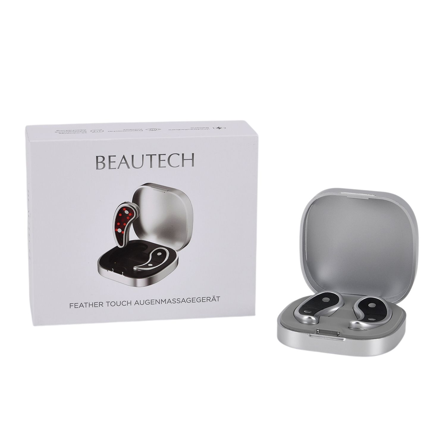 BEAUTECH Rotlicht Augenmassagegerät 620 nm mit EMS Mikrostimulation, inkl. 7 Paar Pads, kompakt 7.6 x 7.6 x 2.4 cm, Weiß