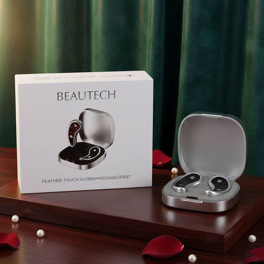 BEAUTECH Rotlicht Augenmassagegerät 620nm mit EMS Mikrostimulation, inkl. 7 Paar Pads, kompakt 7,6x7,6x2,4cm