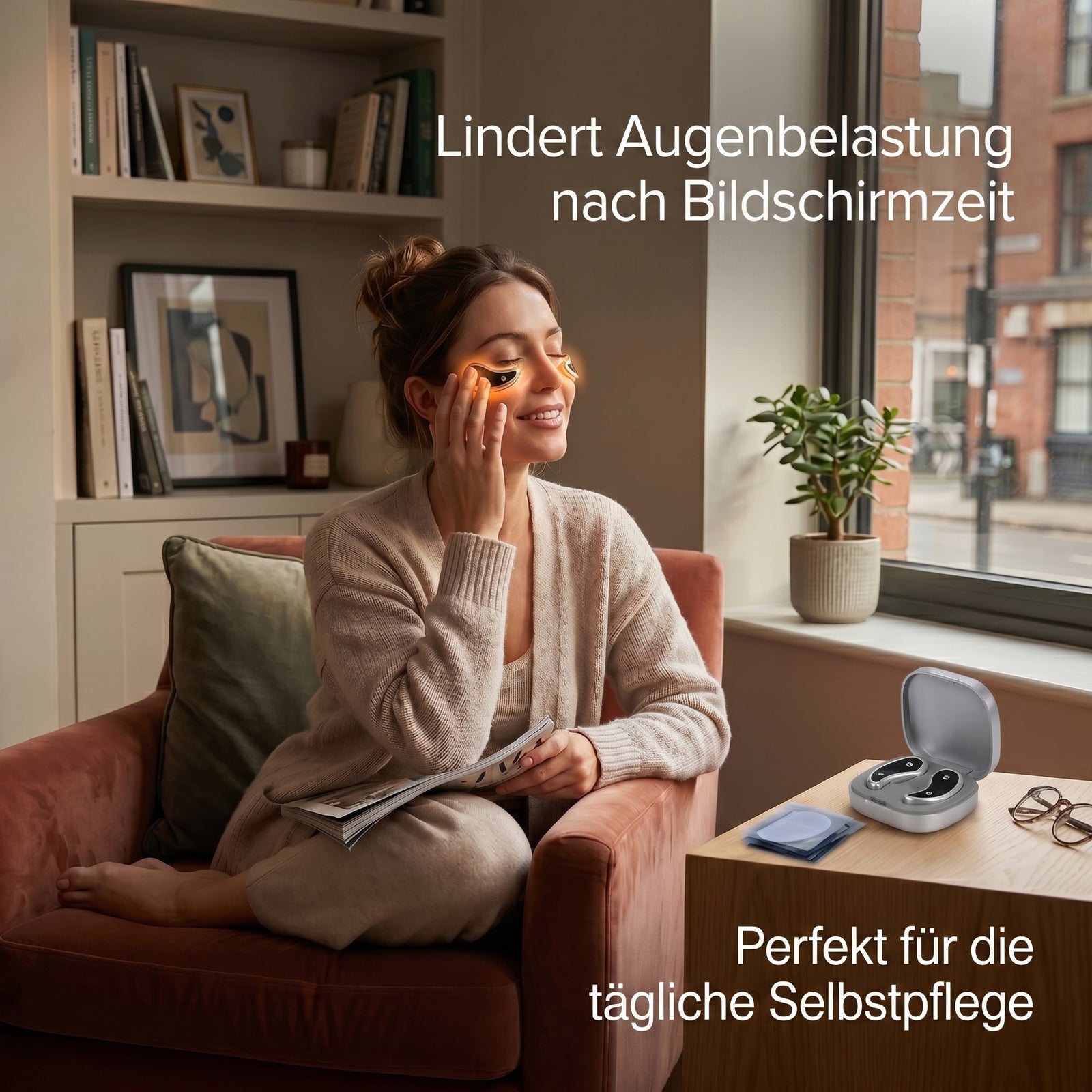 BEAUTECH Rotlicht Augenmassagegerät 620nm mit EMS Mikrostimulation, inkl. 7 Paar Pads, kompakt 7,6x7,6x2,4cm