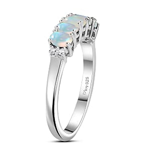D'Joy Natürlicher, äthiopischer Welo Opal, Weißer Zirkon Ring 925 Silber Rhodiniert (Größe 18.00) ca. 1,31 ct
