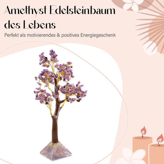 LIVMORE Edelsteinbaum mit Orgonit Basis, Amethyst, 23 cm, 230 Perlen, Lila