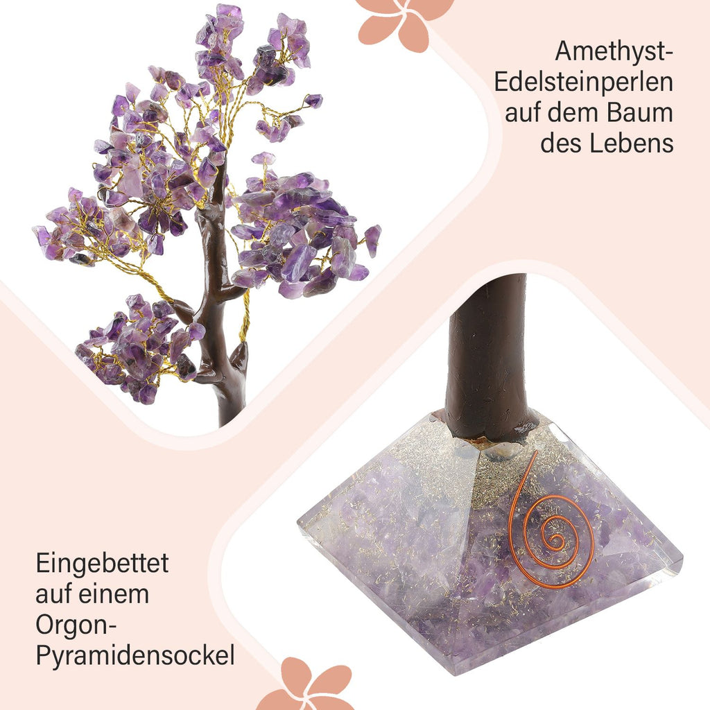 LIVMORE Edelsteinbaum mit Orgonit Basis, Amethyst, 23 cm, 230 Perlen, Lila