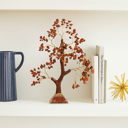 LIVMORE Edelsteinbaum mit Orgonit Basis, Roter Jaspis, 23 cm, 230 Perlen, Rot