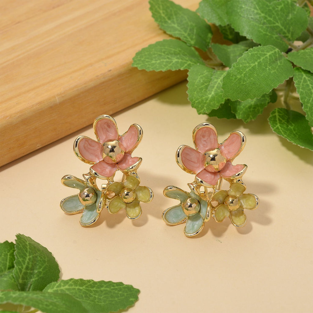 Emaille-Ohrringe im floralen Design mit Glasperle, goldfarben, pink-lavendel
