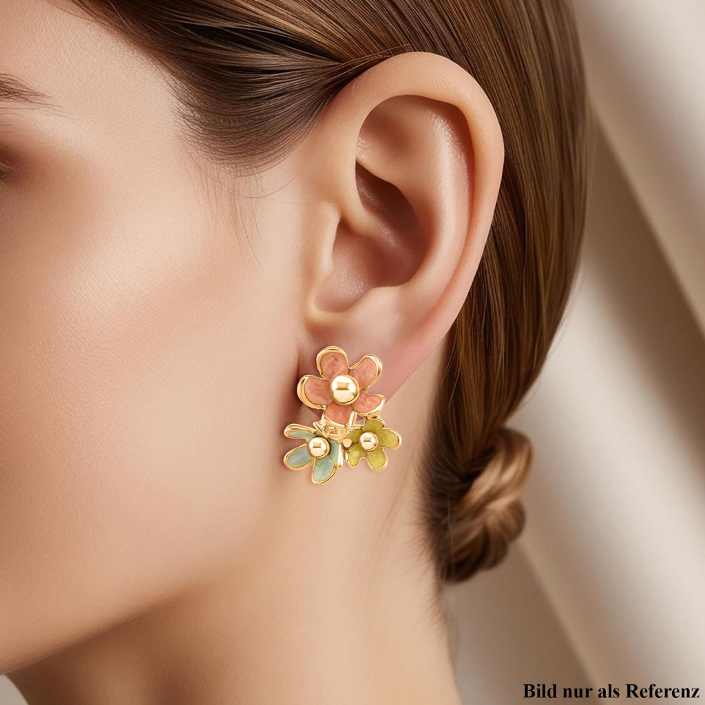 Emaille-Ohrringe im floralen Design mit Glasperle, goldfarben, pink-lavendel