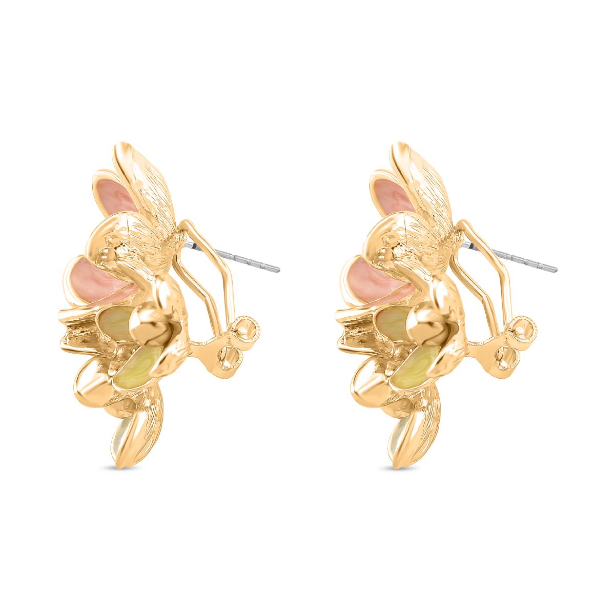 Emaille-Ohrringe im floralen Design mit Glasperle, goldfarben, pink-lavendel