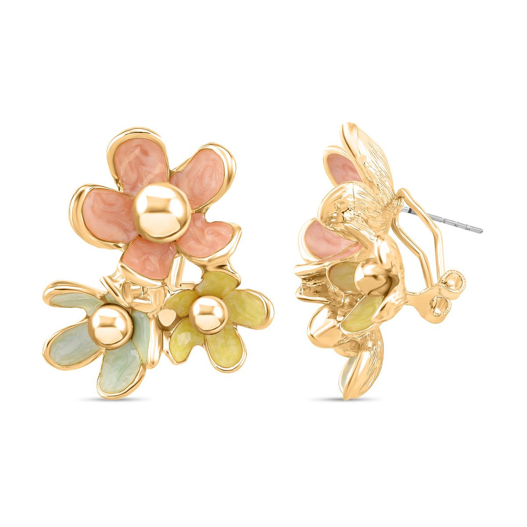 Emaille-Ohrringe im floralen Design mit Glasperle, goldfarben, pink-lavendel