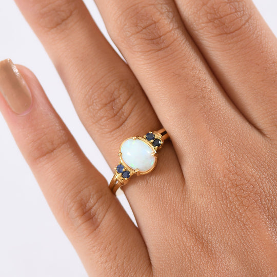 D'Joy AA Natürlicher, äthiopischer Welo Opal, Blauer Saphir Ring 925 Silber vergoldet (Größe 17.00) ca. 1,38 ct
