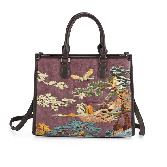 Bestickte Crossbody Tasche, Kunstleder, Blumen Design, 32 x 12 x 25 cm, Rot