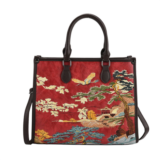 Bestickte Crossbody Tasche, Kunstleder, Blumen Design, 32 x 12 x 25 cm, Rot