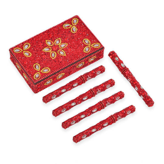 Perlenverziertes Schreibset 6 teilig, 10 x 15 cm, Aufbewahrungsbox, 5 Kugelschreiber, Rot
