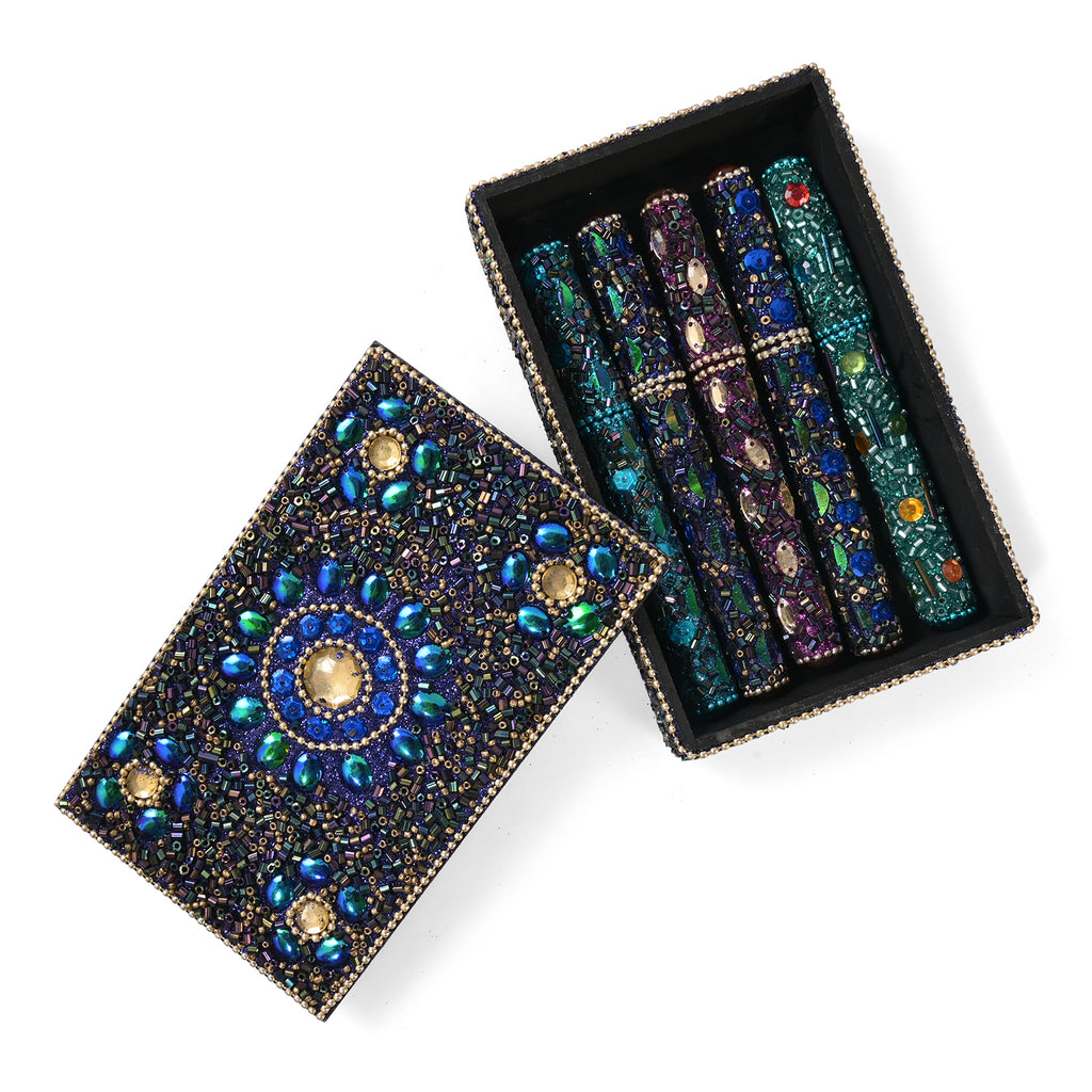 "Beaded Box + 5 beaded pen  set of 6   - 10x15 cm box - 8.5X13X3 Cm pen - 12 cms color - multi "