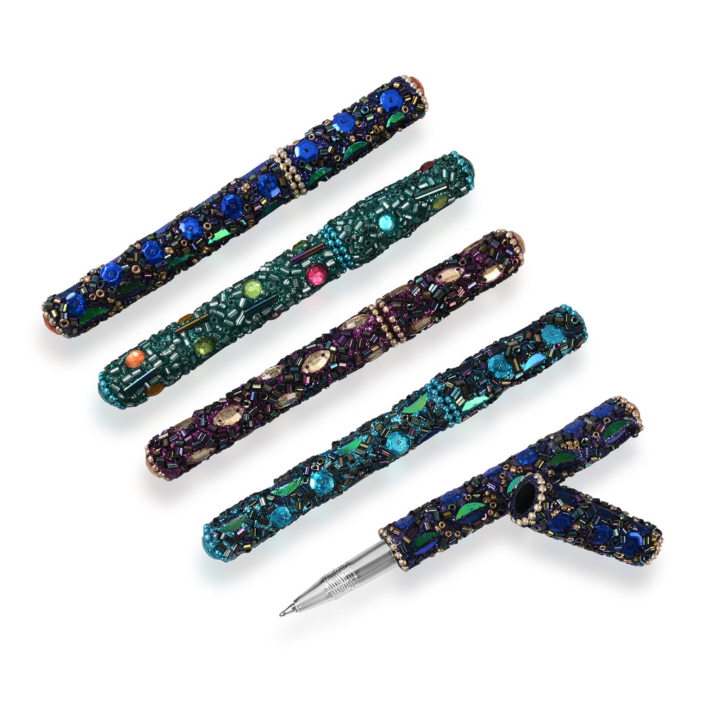 "Beaded Box + 5 beaded pen  set of 6   - 10x15 cm box - 8.5X13X3 Cm pen - 12 cms color - multi "