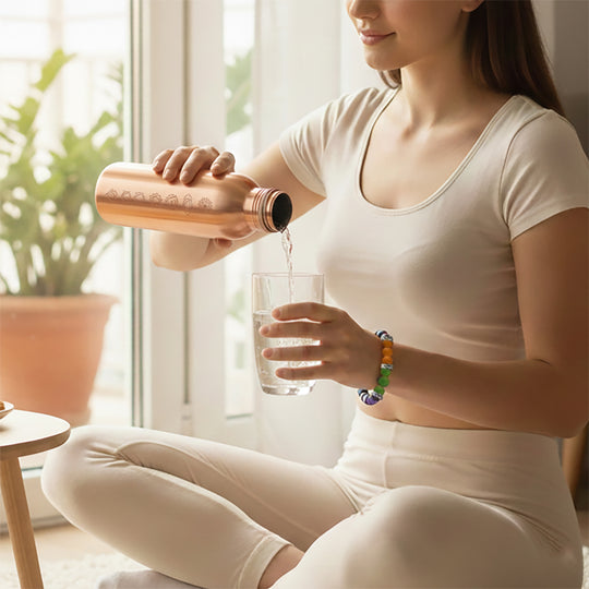 2er-Set - LIVMORE Kupfer-Trinkflasche mit 7-Chakra-Gravur (ca. 900 ml) und Armband mit Chakra-Perlen aus Edelsteinen