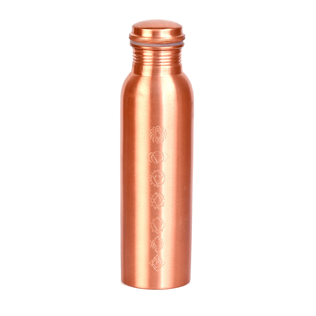 2er-Set - LIVMORE Kupfer-Trinkflasche mit 7-Chakra-Gravur (ca. 900 ml) und Armband mit Chakra-Perlen aus Edelsteinen