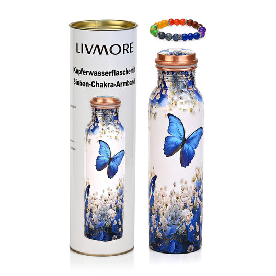 2er-Set - LIVMORE Kupfer-Trinkflasche mit 7-Chakra-Gravur (ca. 900 ml) und Armband mit Chakra-Perlen aus Edelsteinen - Mehrfarbig