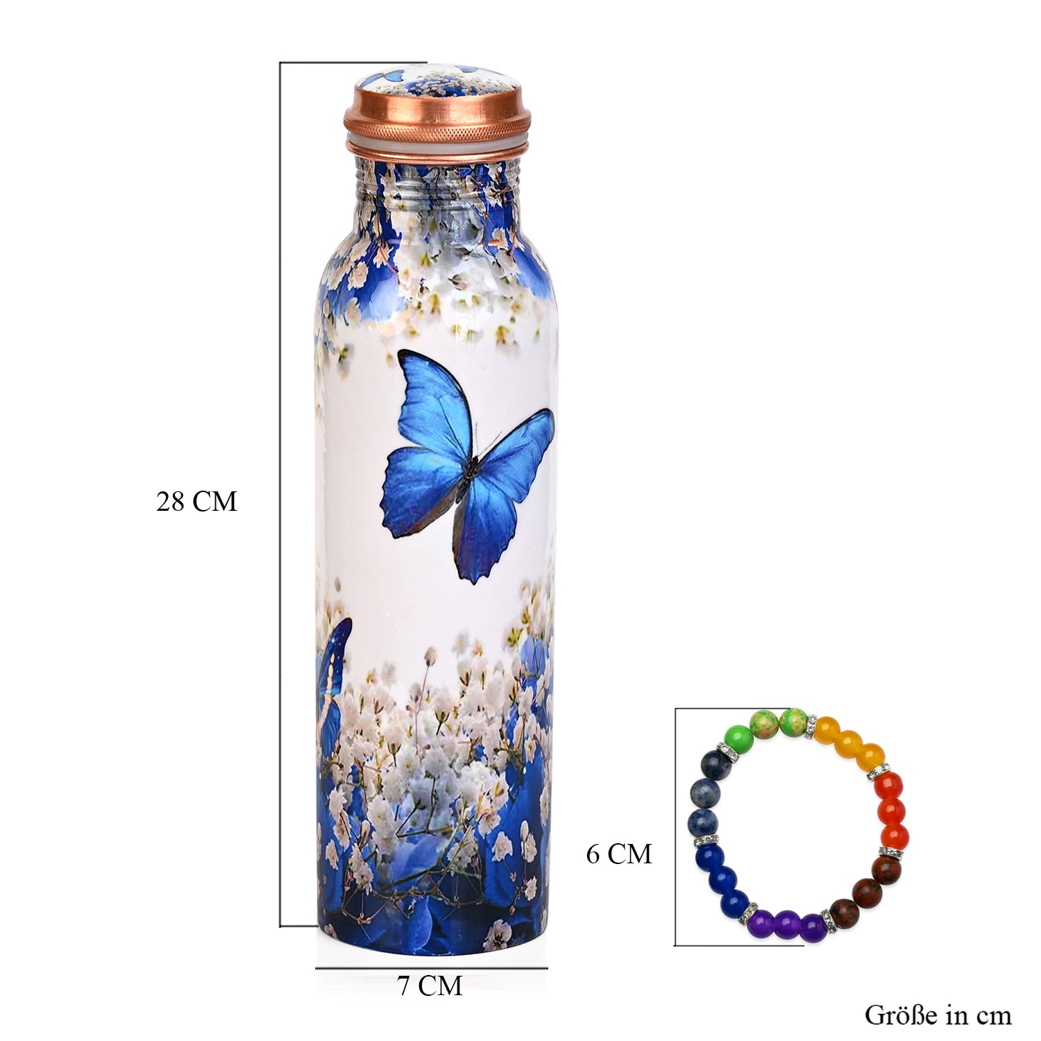 2er-Set - LIVMORE Kupfer-Trinkflasche mit 7-Chakra-Gravur (ca. 900 ml) und Armband mit Chakra-Perlen aus Edelsteinen - Mehrfarbig