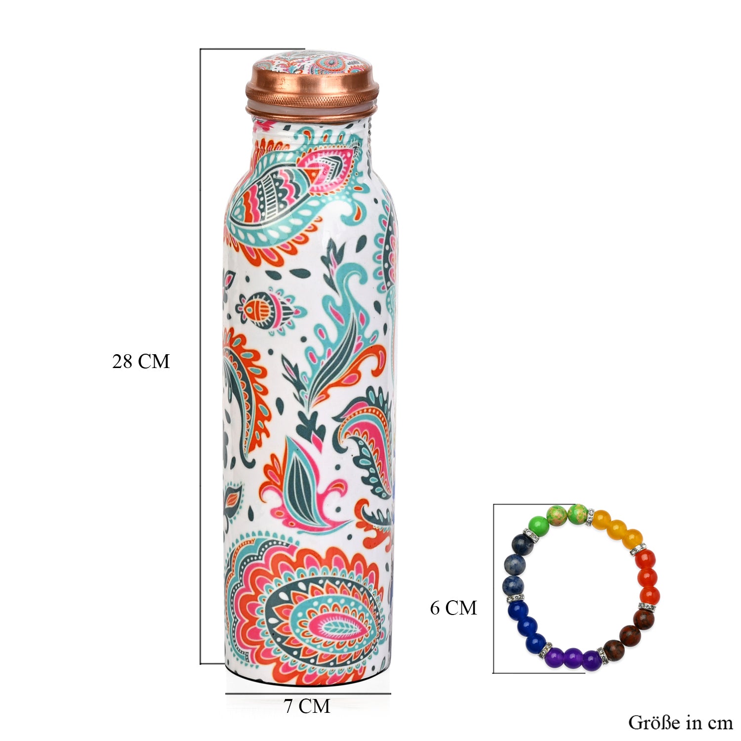 2er-Set - LIVMORE Kupfer-Trinkflasche mit 7-Chakra-Gravur (ca. 900 ml) und Armband mit Chakra-Perlen aus Edelsteinen - Mehrfarbig