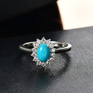 D'Joy AA Sleeping Beauty Türkis, Weißer Zirkon Ring 925 Silber Rhodiniert (Größe 18.00) ca. 1,14 ct