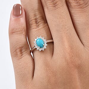 D'Joy AA Sleeping Beauty Türkis, Weißer Zirkon Ring 925 Silber Rhodiniert (Größe 18.00) ca. 1,14 ct