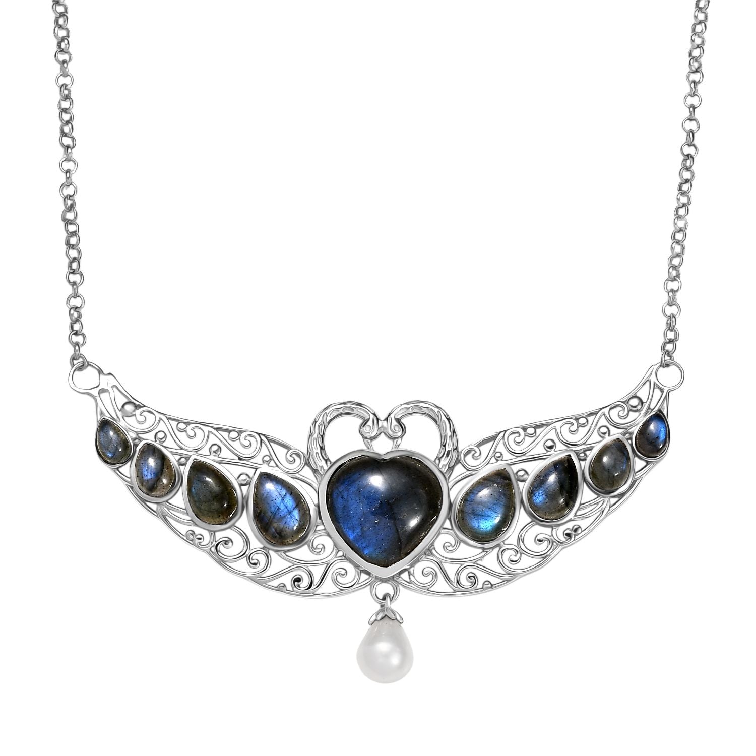 D'Joy AAA Labradorit, Süßwasser Perle (9x7mm) Halskette ca. 45 cm 925 Silber rhodiniert 32.56 ct