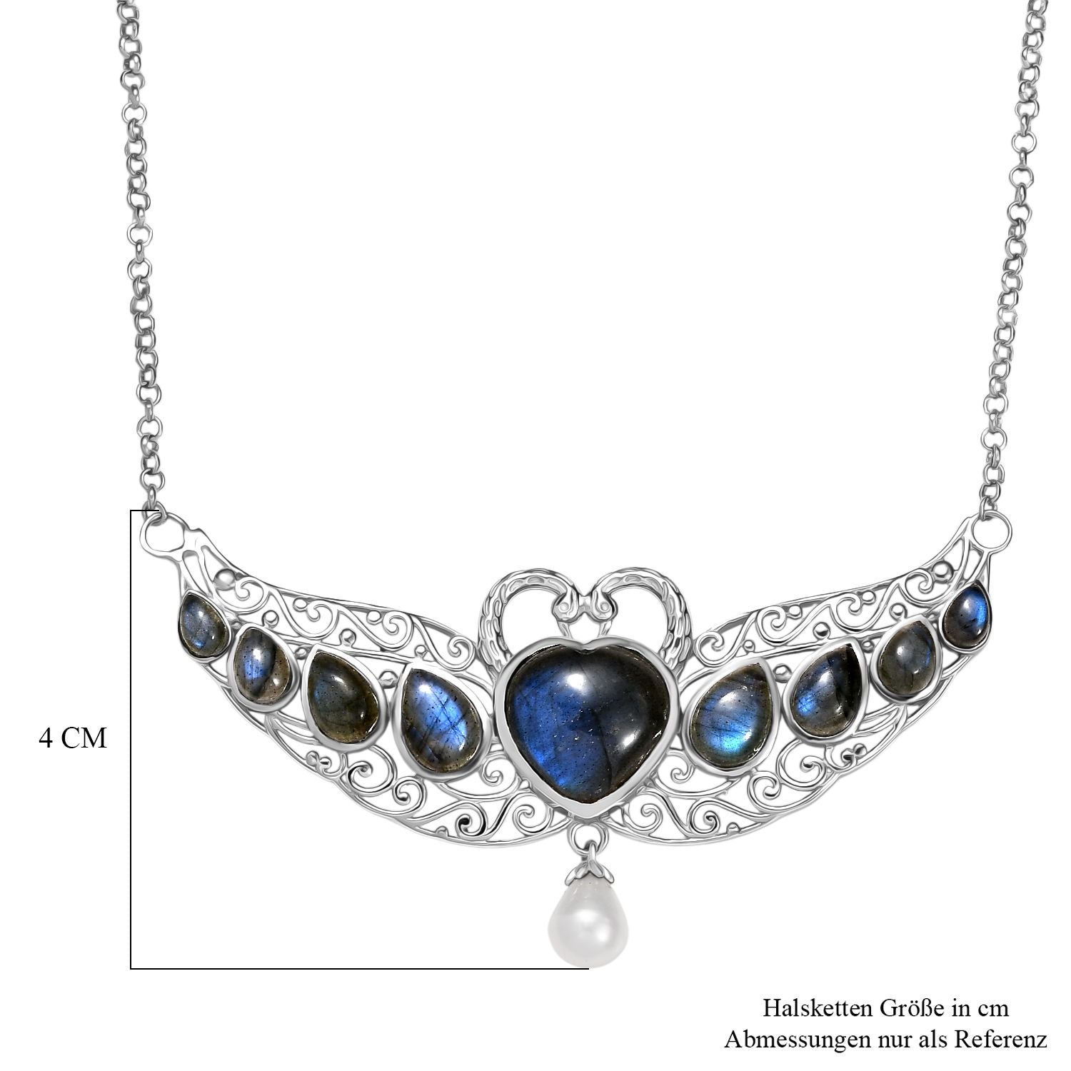 D'Joy AAA Labradorit, Süßwasser Perle (9x7mm) Halskette ca. 45 cm 925 Silber rhodiniert 32.56 ct