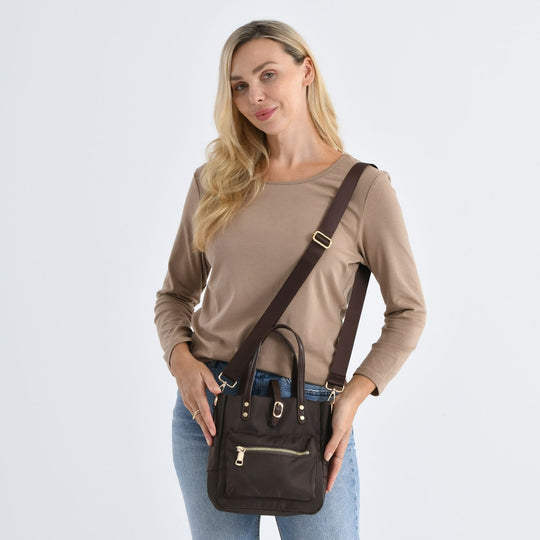 Urban Nylon Crossbody Tasche, 3 Außenfächer und 2 Innenfächer, 22 x 23 x 9 cm, Braun