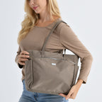 Elegante Signature Handtasche, edles Nylon Design mit 3 Reißverschluss Taschen und 2 offenen Außentaschen, ca. 30 x 30 x 10 cm, Dunkel Khaki
