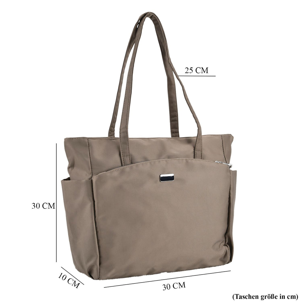 Elegante Signature Handtasche, edles Nylon Design mit 3 Reißverschluss Taschen und 2 offenen Außentaschen, ca. 30 x 30 x 10 cm, Dunkel Khaki