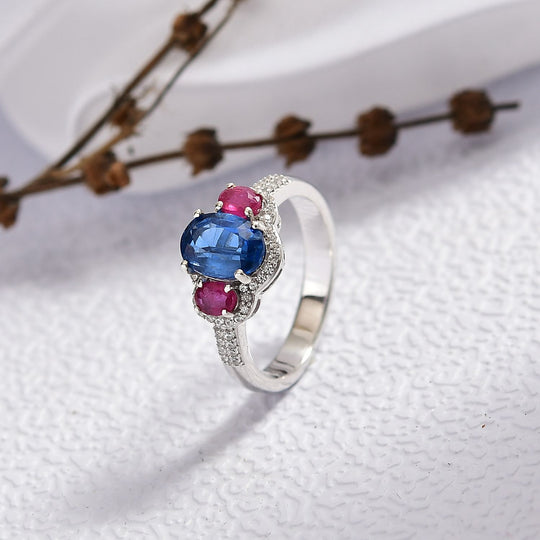 D'Joy AA Natürlicher Kaschmir-Kyanit, Afrikanischer Rubin (Fissure gefüllt) Ring 925 Silber rhodiniert (Größe 21.00) ca. 2,80 ct