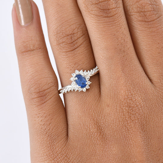 D'Joy AA Natürlicher Kaschmir-Kyanit, Weißer Zirkon Ring 925 Silber rhodiniert (Größe 19.00) ca. 1,09 ct