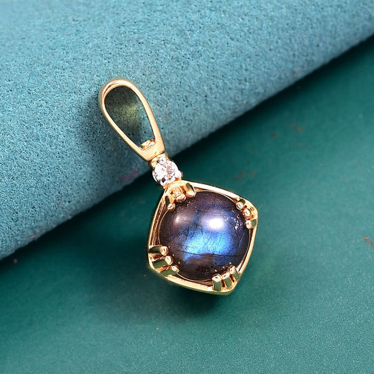 D'Joy AAA Labradorit, Weißer Zirkon Anhänger 925 Silber 750 Gelb Vergoldet ca. 8.88 ct