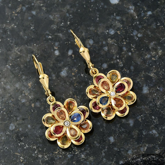 D'Joy AA Blauer Saphir, Mehrfarbig Saphir Ohrringe 925 Silber 750 Gelbgold Vermeil ca. 4,35 ct.