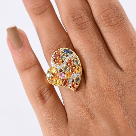 D'Joy AA Mehrfarbig Saphir, Weißer Zirkon Ring 925 Silber 750 Gelbgold Vermeil (Größe 17.00) ca. 5.21 ct
