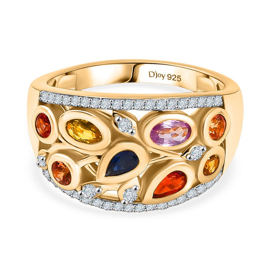 D'Joy AA Mehrfarbiger Saphir, Weißer Zirkon Ring 925 Silber 750 Gelbgold Vermeil (Größe 20.00) ca. 2.17 ct