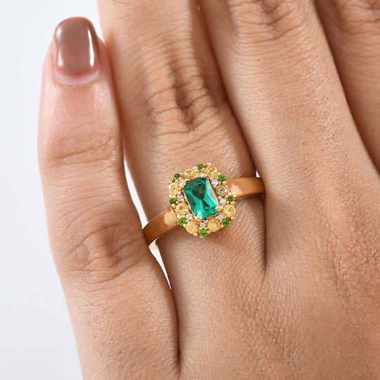 D'joy AAA Lab Created Kolumbianischer Smaragd, Gelber Saphir Ring 925 Silber 750 Gelbgold Vermeil (Größe 21.00) ca. 0.94 ct