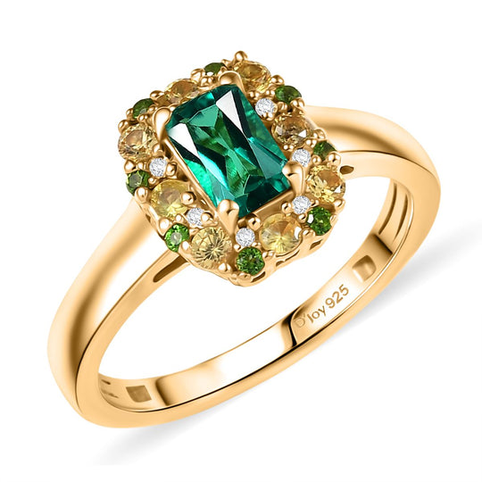 D'joy AAA Lab Created Kolumbianischer Smaragd, Gelber Saphir Ring 925 Silber 750 Gelbgold Vermeil (Größe 21.00) ca. 0.94 ct