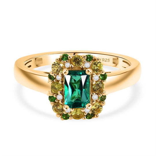 D'joy AAA Lab Created Kolumbianischer Smaragd, Gelber Saphir Ring 925 Silber 750 Gelbgold Vermeil (Größe 21.00) ca. 0.94 ct
