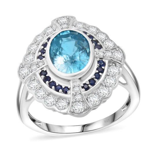 D'Joy Blauer Zirkon, Moissanit Ring 925 Silber rhodiniert (Größe 17.00) ca. 3,70 ct