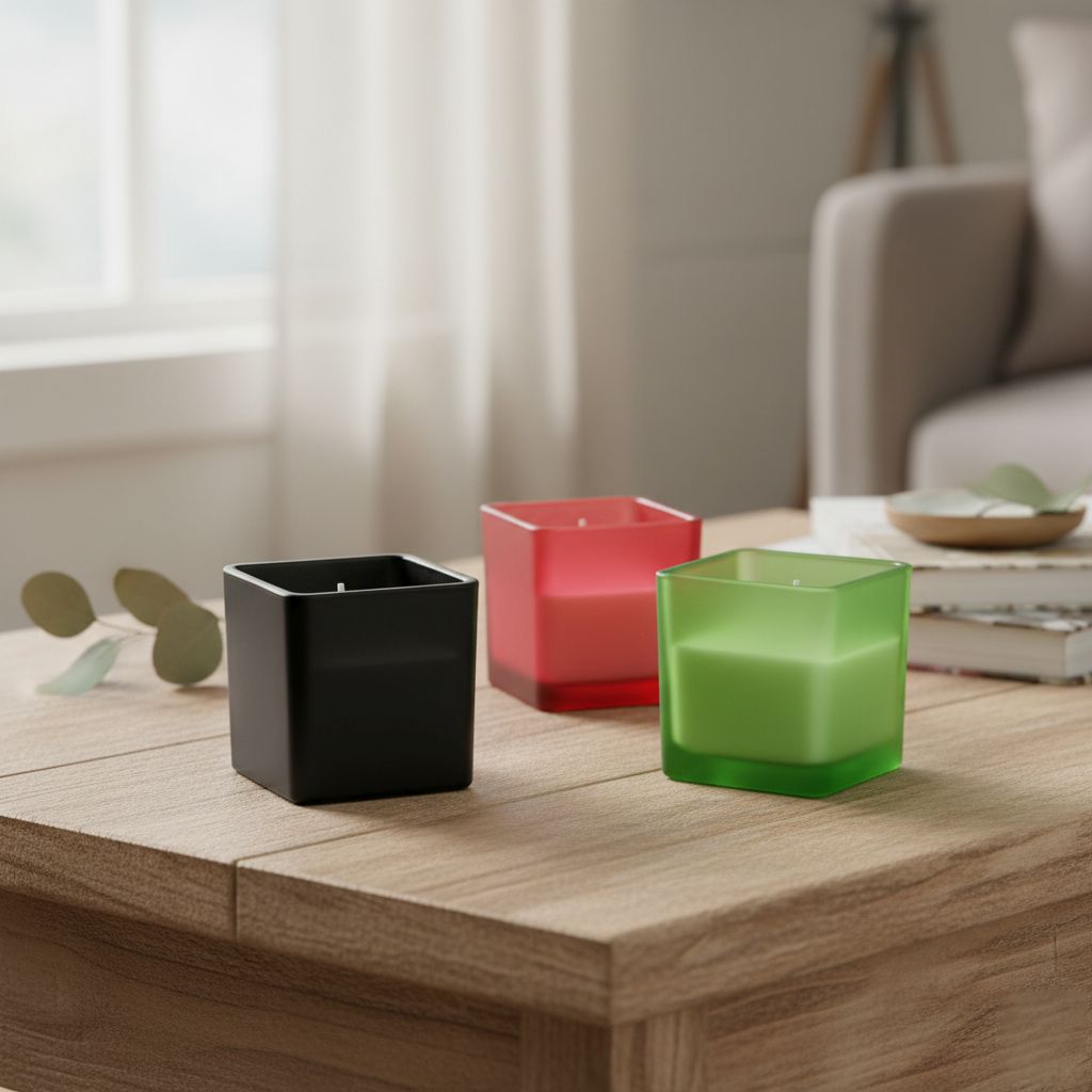 "Scented candles with bamboo base Color: Green + Black + Burgundy Squre glass jar size: 6*6cm Aroma: Coconut vanilla + mint + strawberry berries 5% perfume Paraffin Wax weight: 85g Burning time: Approximately 15 hours  ????? ??:??+??+??? ?????:6*6cm ??:??