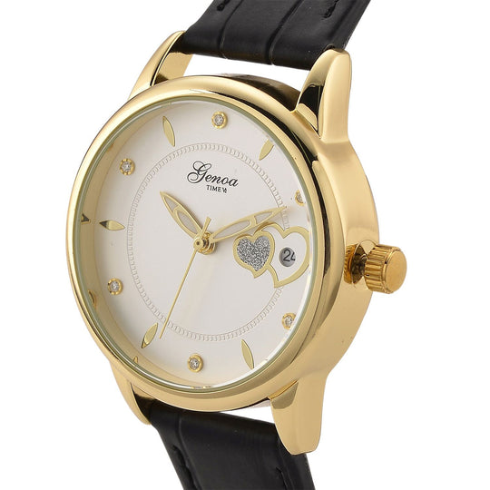 GENOA - Automatik-Armbanduhr mit Herz-Design und Datumsanzeige, Dandong-Uhrwerk, Weißes Zifferblatt, Goldfarben, Brauners Lederarmband, 36 mm
