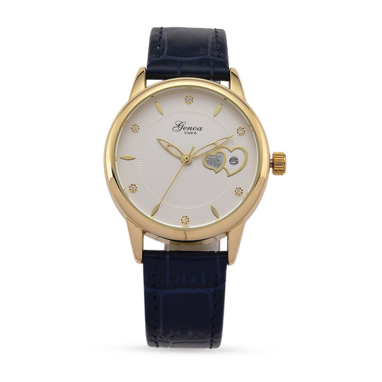 GENOA - Automatik-Armbanduhr mit Herz-Design und Datumsanzeige, Dandong-Uhrwerk, Weißes Zifferblatt, Goldfarben, Brauners Lederarmband, 36 mm