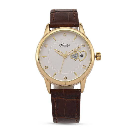 GENOA - Automatik-Armbanduhr mit Herz-Design und Datumsanzeige, Dandong-Uhrwerk, Weißes Zifferblatt, Goldfarben, Brauners Lederarmband, 36 mm