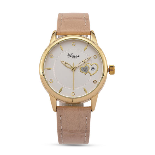 GENOA - Automatik-Armbanduhr mit Herz-Design und Datumsanzeige, Dandong-Uhrwerk, Weißes Zifferblatt, Goldfarben, Brauners Lederarmband, 36 mm
