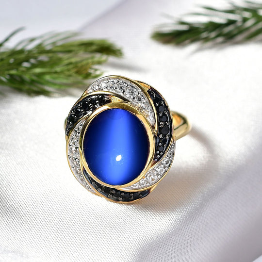 D'Joy Aurora Mondstein, Schwarzer Spinell Ring 925 Silber 750 Gelbgold Vermeil (Größe 18.00) ca. 5,54 ct