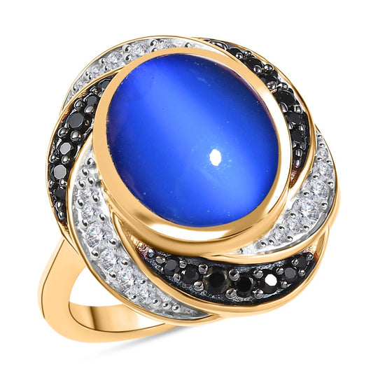 D'Joy Aurora Mondstein, Schwarzer Spinell Ring 925 Silber 750 Gelbgold Vermeil (Größe 18.00) ca. 5,54 ct