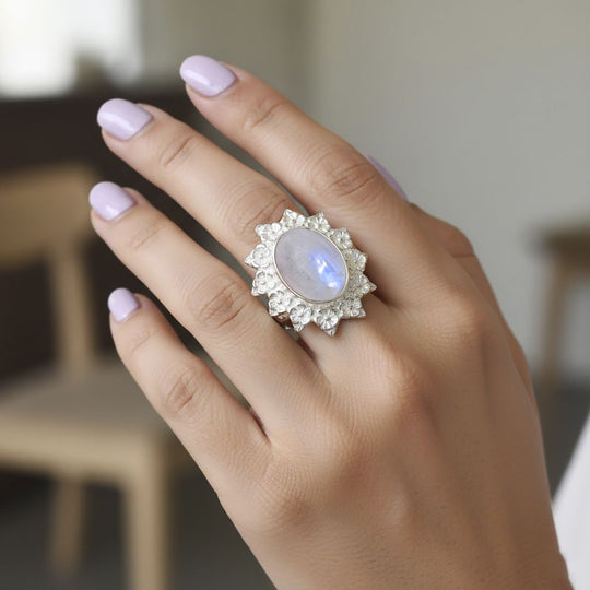D'Joy Premium Regenbogen Mondstein Ring 925 Silber (Größe 17.00) ca. 6,31 ct